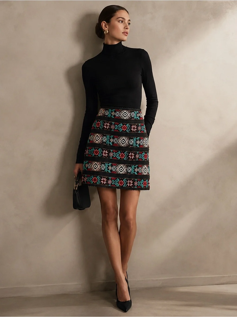 Costarellos Embroidered Black Mini Skirt with Multicolor Geometric Pattern
